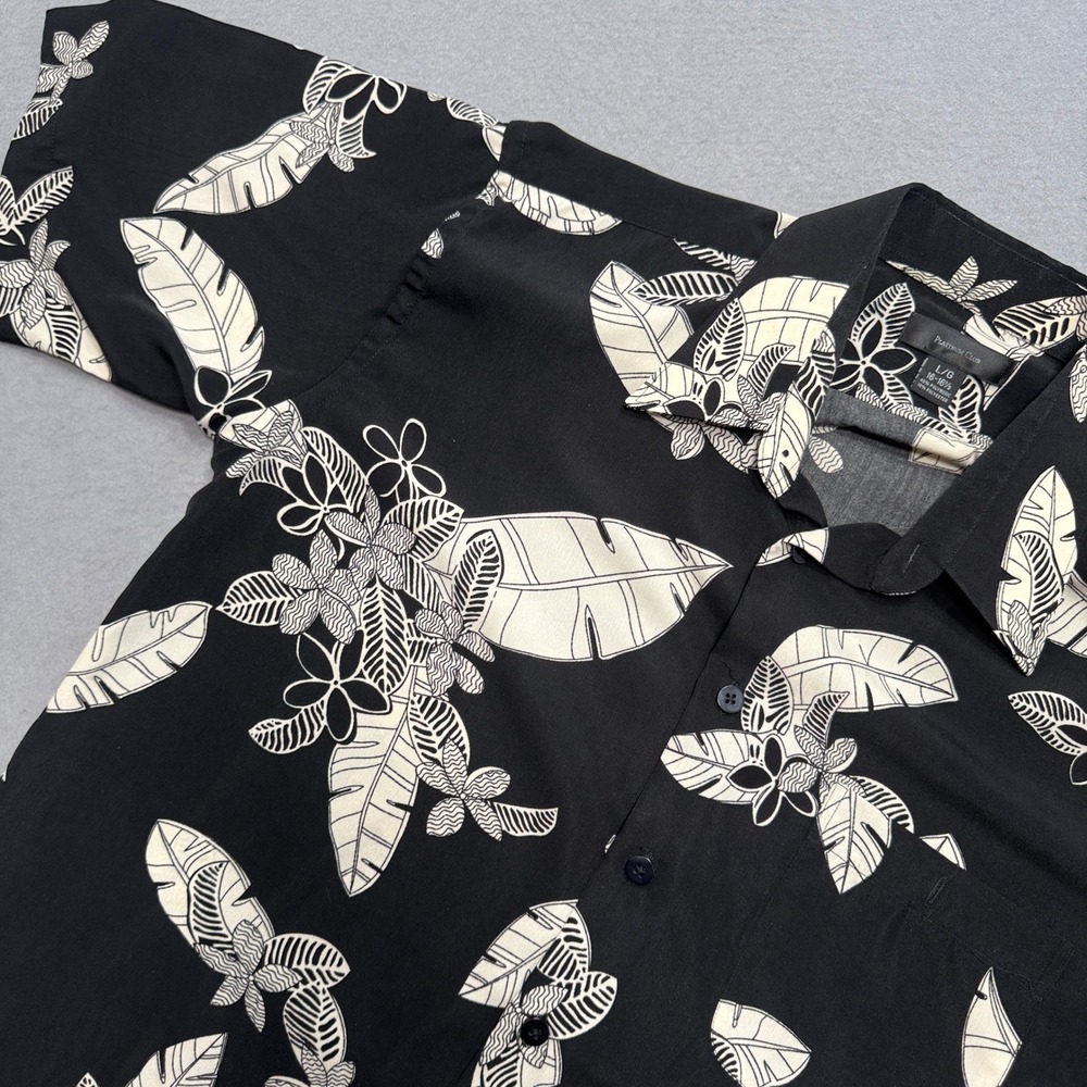 Hawaiian Shirt Mens L Black White Tropical Floral Leaf Camp Aloha Platinum Club